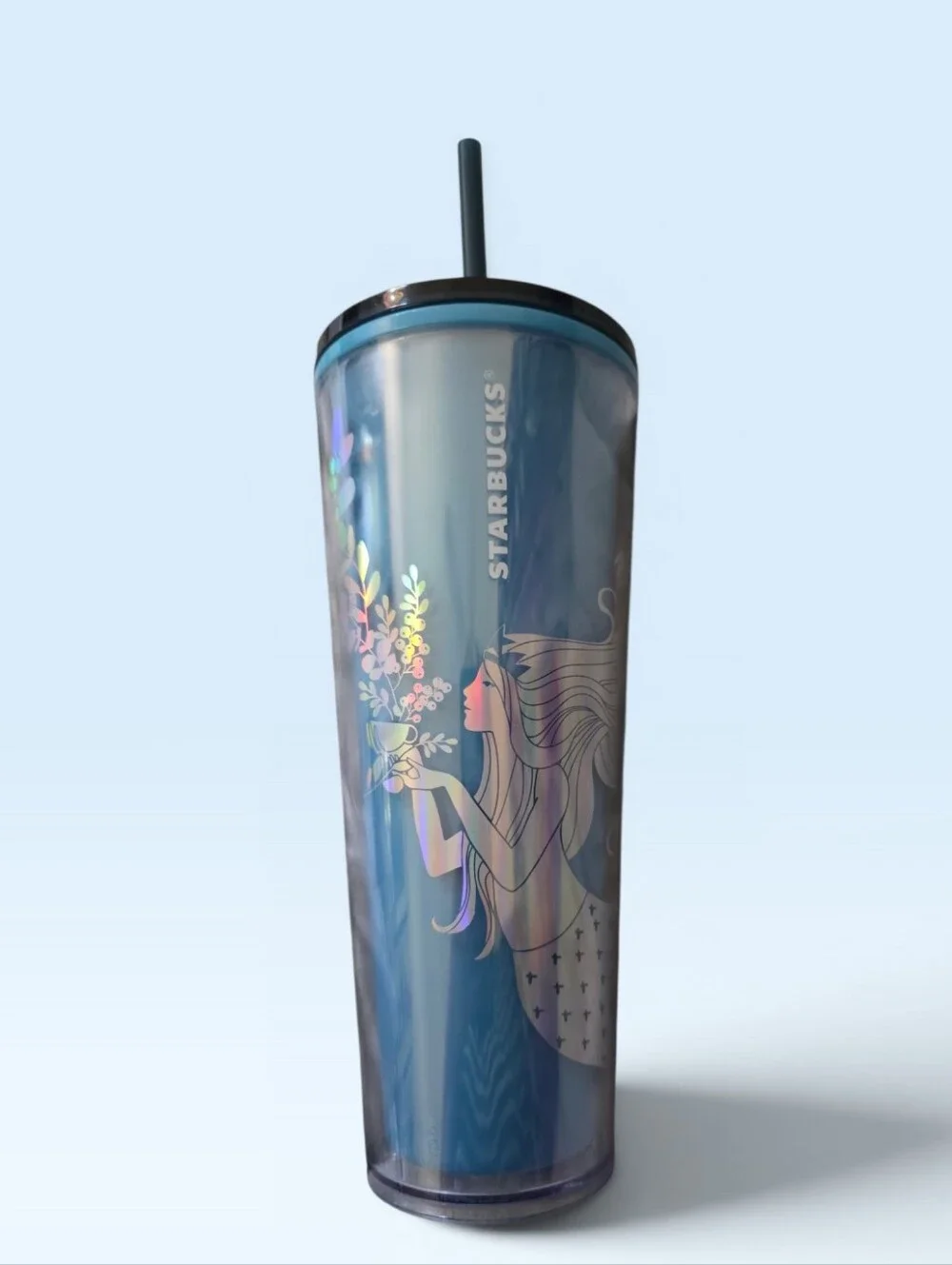 Starbucks Iridescent Blue Mermaid Holographic Tumbler with Teal Colored Straw - Picture 6 of 7